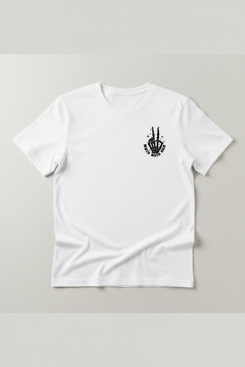 Moto Mom skeleton peace hand pocket logo on front left chest of white t-shirt