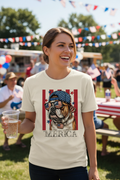 Woman at 4th of July celebration wearing Merica bulldog ivory tee