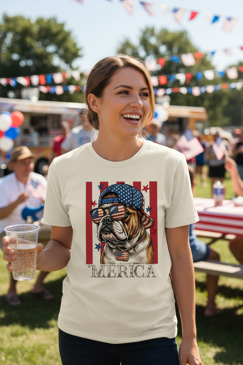 Woman at 4th of July celebration wearing Merica bulldog ivory tee