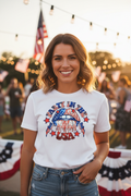 Woman wearing Party in the USA T-Shirt at a 4th of July outdoor party