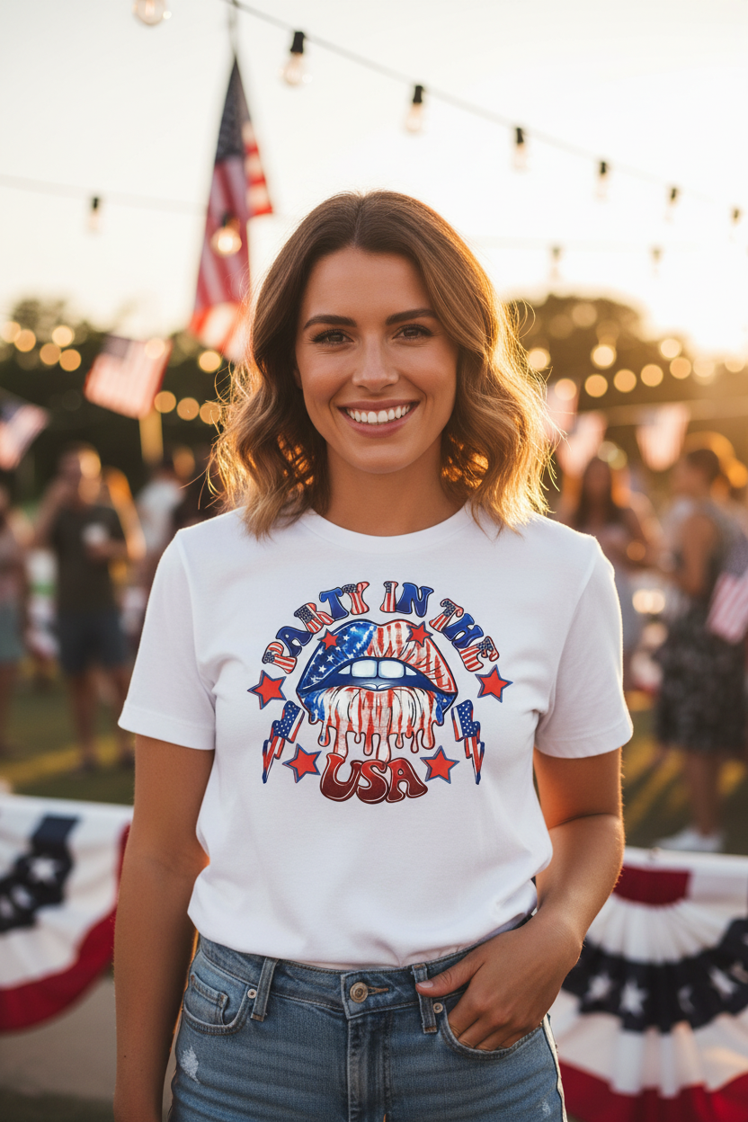 Woman wearing Party in the USA T-Shirt at a 4th of July outdoor party