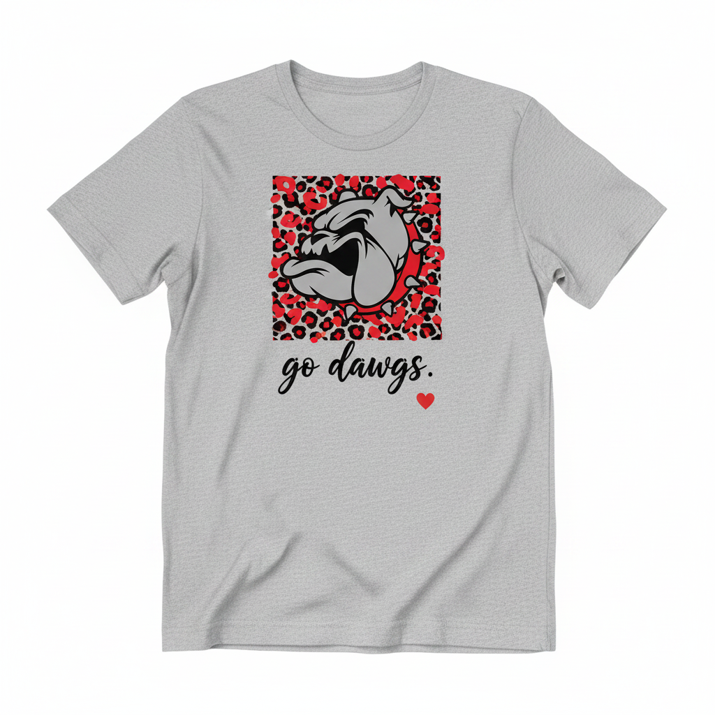 Go Dawgs leopard bulldog grey tee flat lay