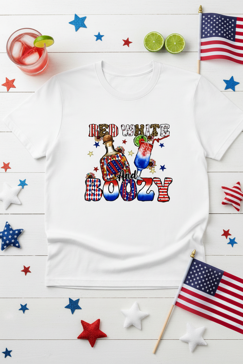 Red White and Boozy T-Shirt styled with cocktail glass, lime slices, and patriotic stars