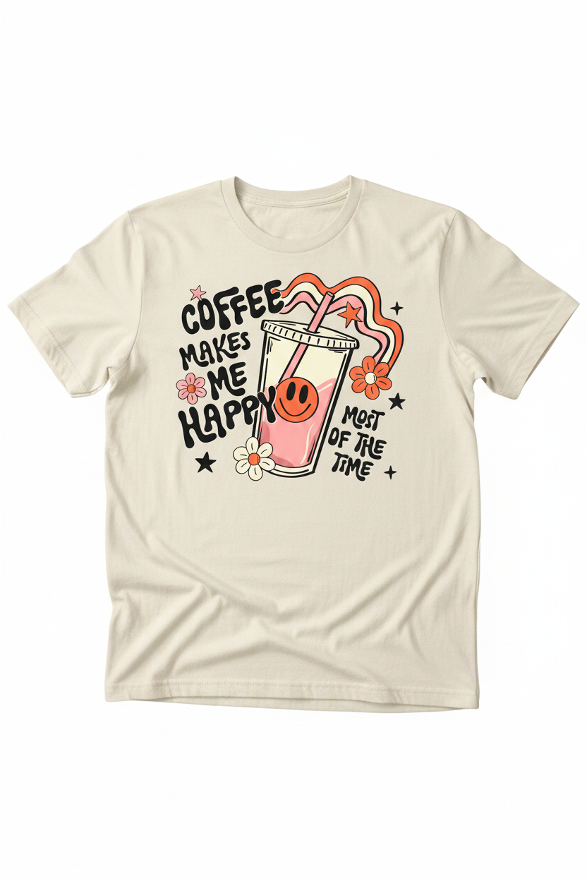 Coffee Makes Me Happy retro graphic on cream t-shirt