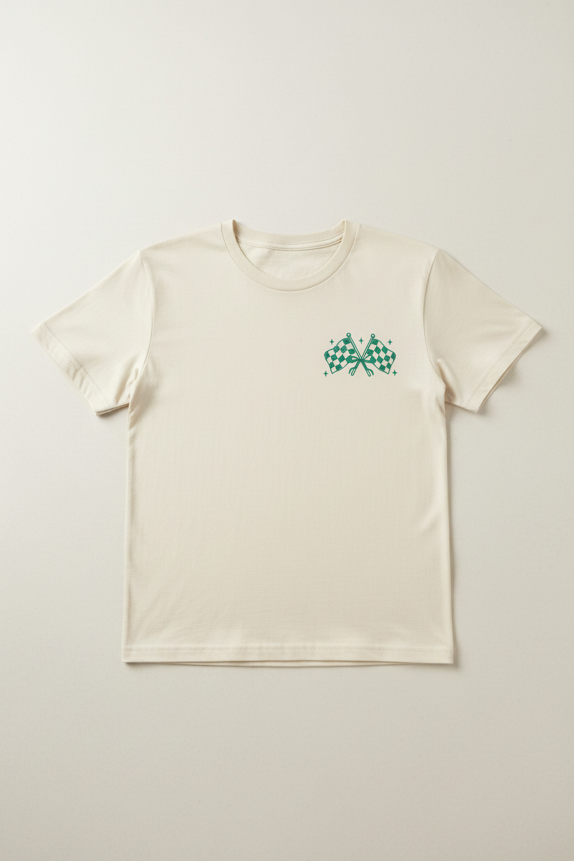 Teal crossed checkered flags pocket logo on front left chest of cream t-shirt