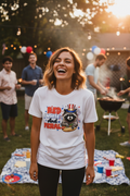 Woman wearing Red White and Feral T-Shirt at a 4th of July backyard BBQ