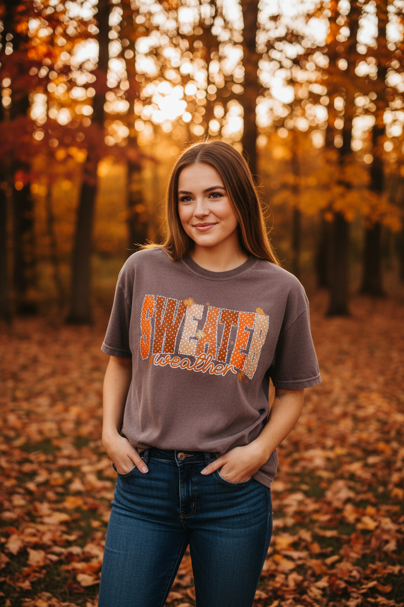 Woman wearing brown Comfort Colors Sweater Weather graphic tee outdoors in autumn setting with warm golden light