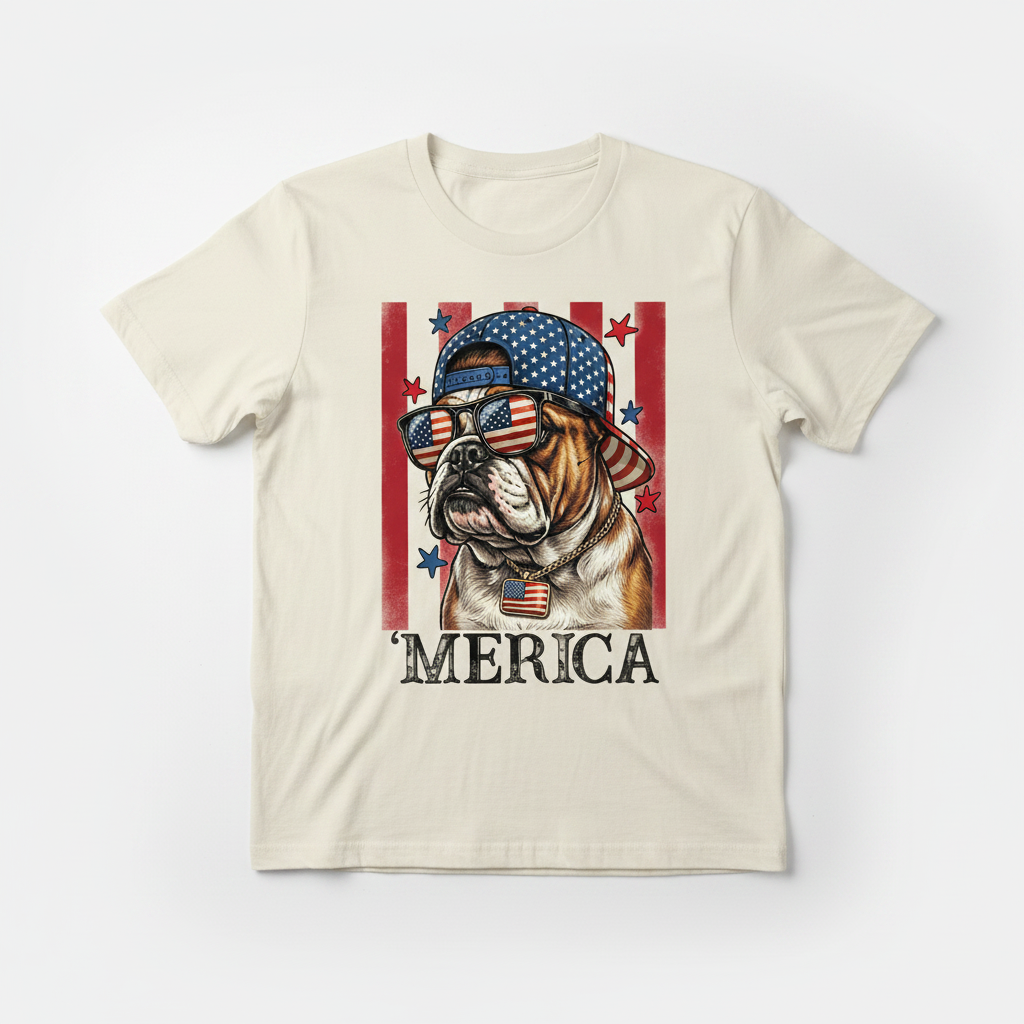Merica bulldog ivory tee flat lay