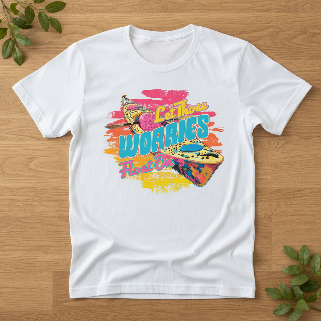 Let Those Worries Float On - white tee flat lay mockup