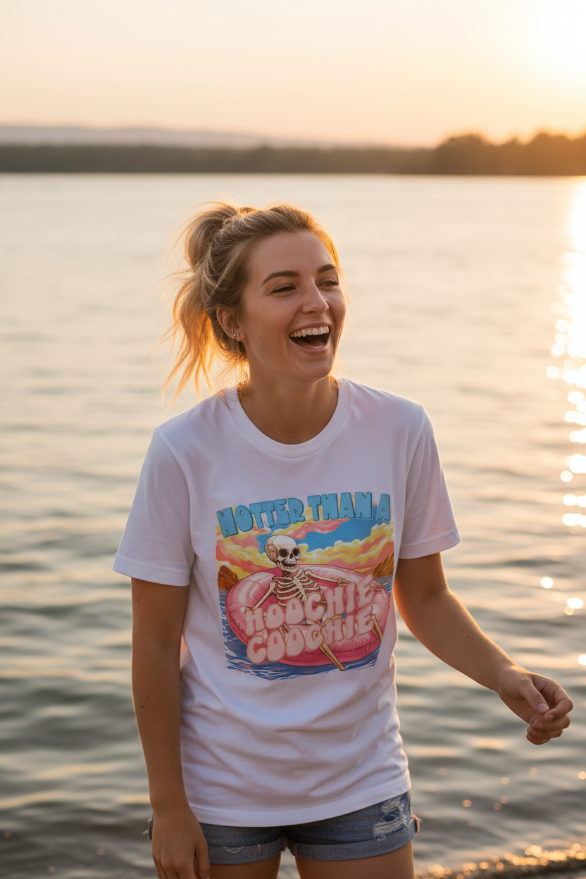 Woman wearing Hotter Than A Hoochie Coochie tee outdoors near pool or lake