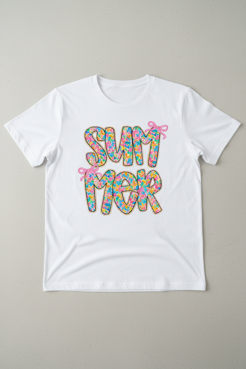 Summer floral bubble letter graphic on white t-shirt flat lay