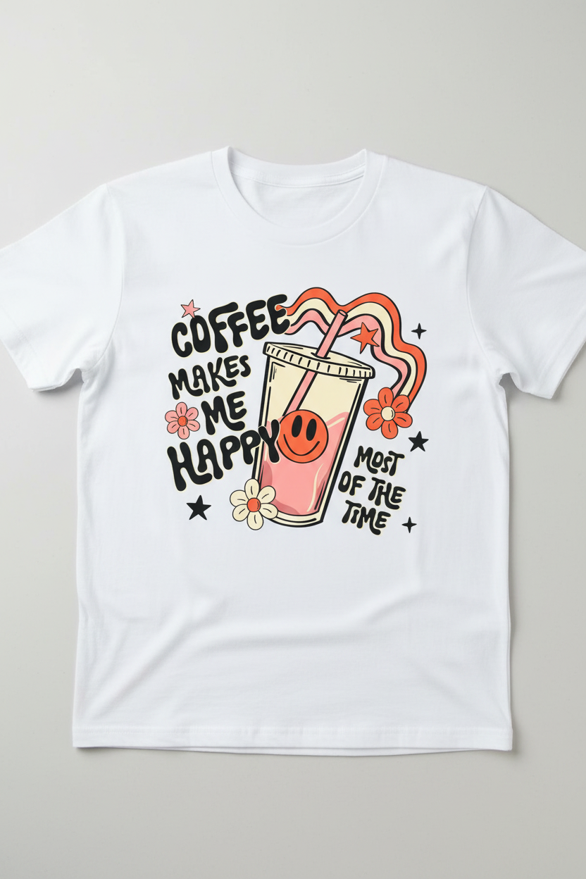 Coffee Makes Me Happy retro graphic on white t-shirt flat lay