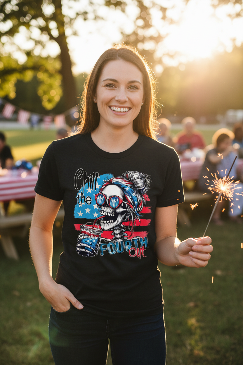 Woman wearing Chill the Fourth Out T-Shirt in black at a 4th of July celebration