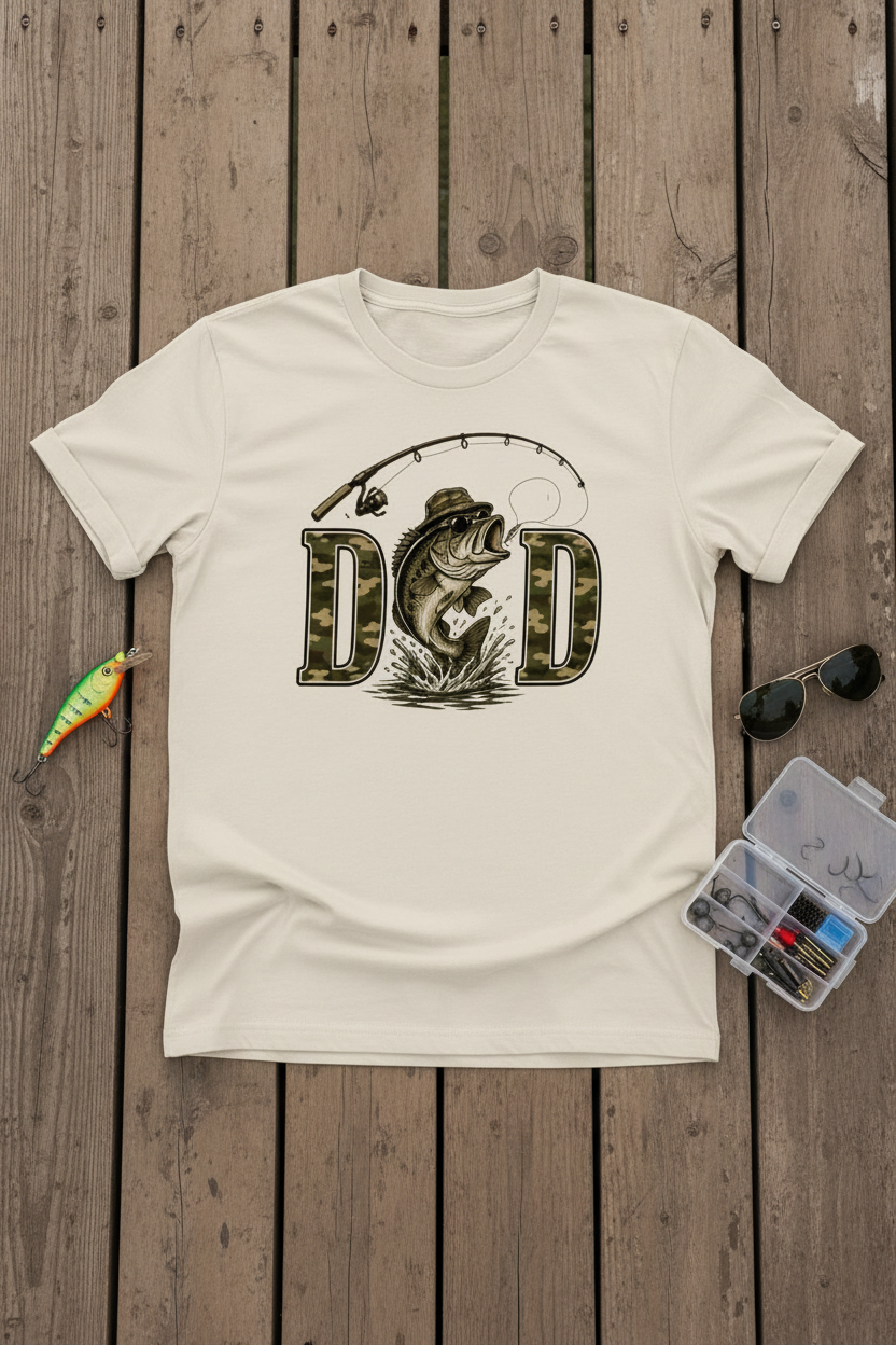 Camo DAD Fishing T-Shirt styled with fishing lures and tackle box on rustic wood dock