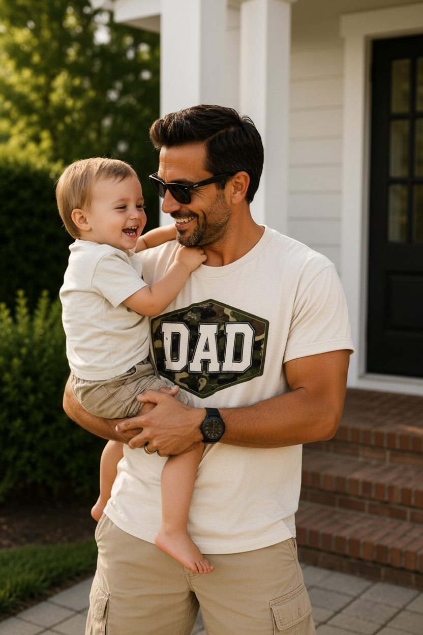 Man wearing DAD Camo Badge T-Shirt outdoors at golden hour