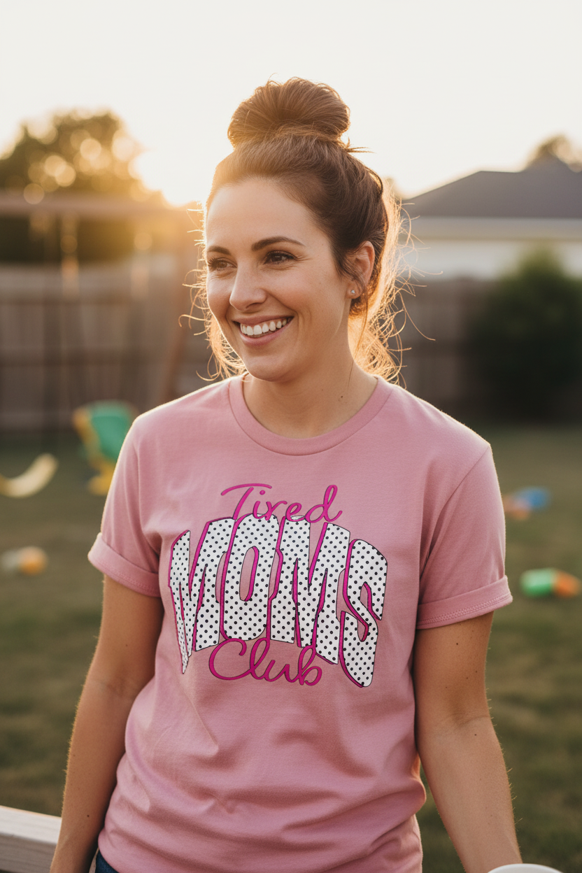 Woman wearing Tired Moms Club T-Shirt in dusty rose in a fun casual outdoor lifestyle photo