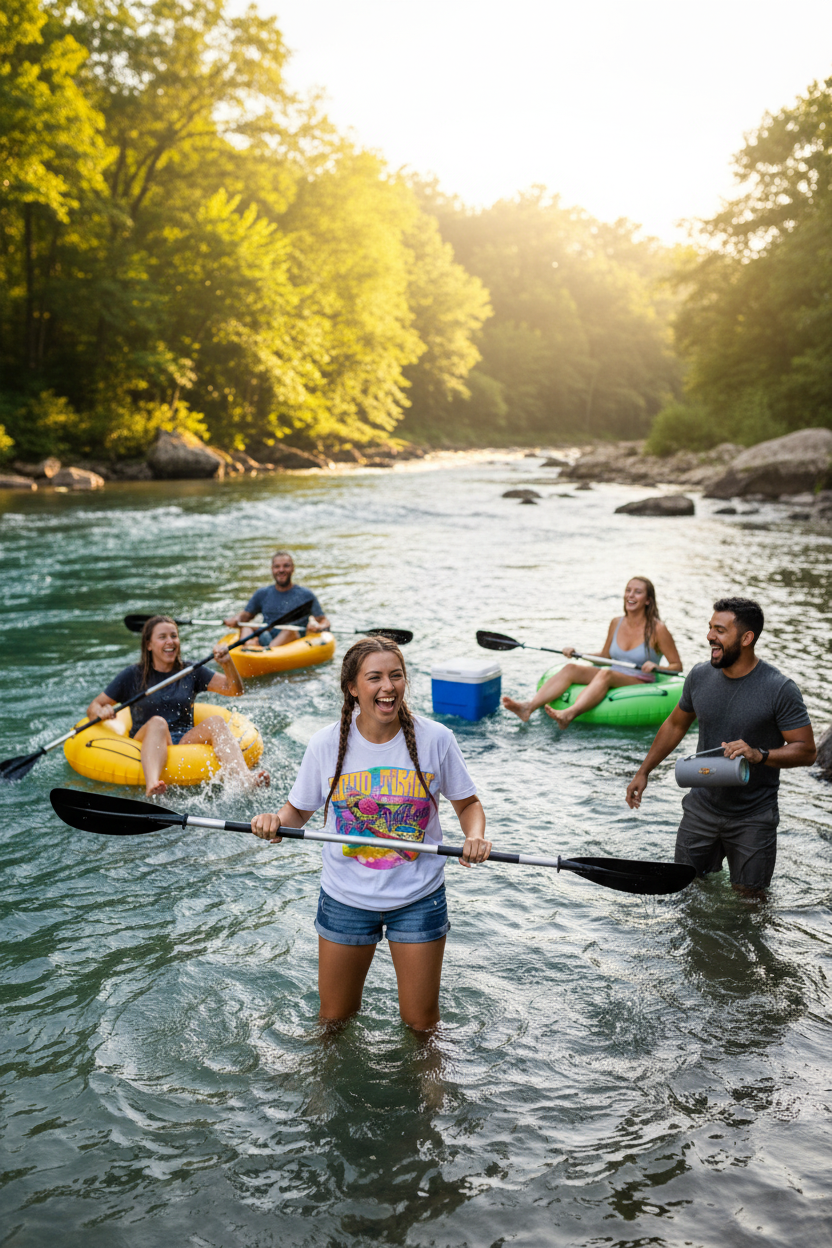 Friends at river outing wearing Good Timin' River Vibin' tee