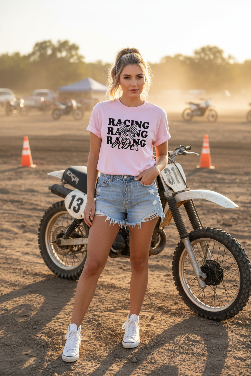 Woman wearing Racing Vibes Checkered Bow Tee - lifestyle motocross setting
