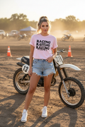 Woman wearing Racing Vibes Checkered Bow Tee - lifestyle motocross setting
