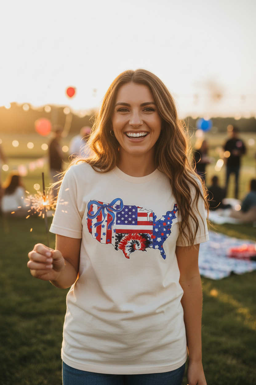 Woman wearing Patriotic USA Map T-Shirt on natural ivory tee at a sunny 4th of July celebration