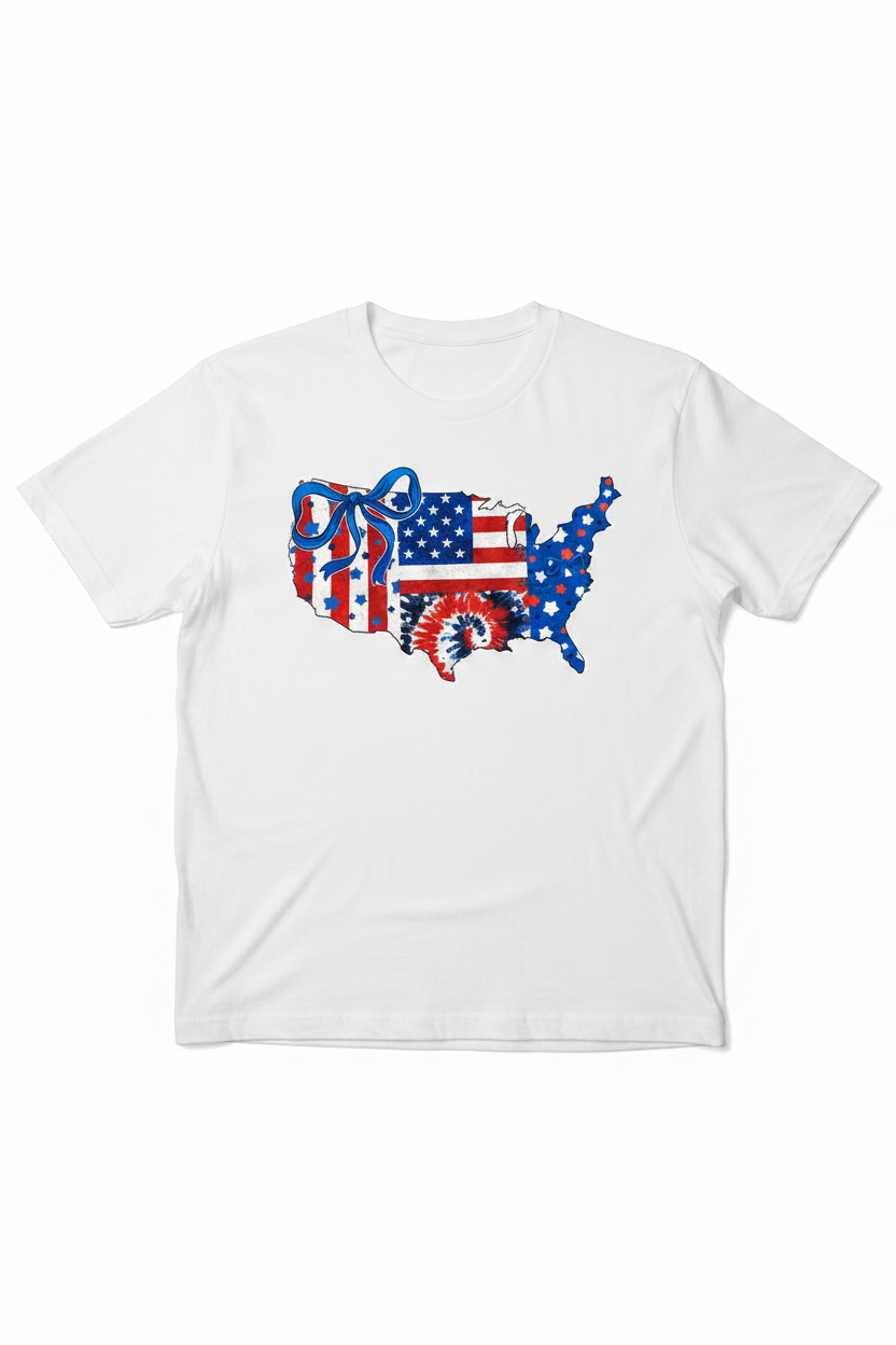 Patriotic USA Map T-Shirt flat lay on white tee showing full USA map graphic