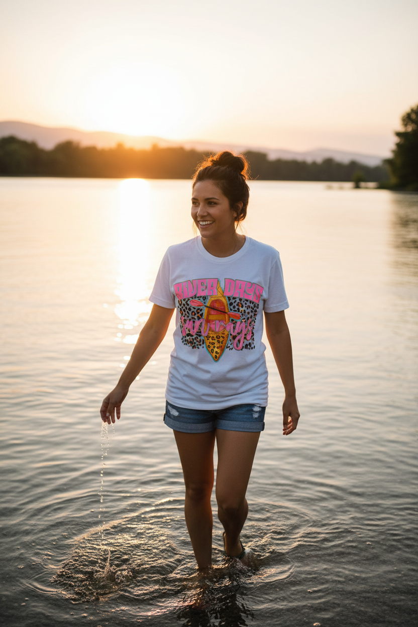 Woman wearing River Days Sun Rays tee outdoors near water
