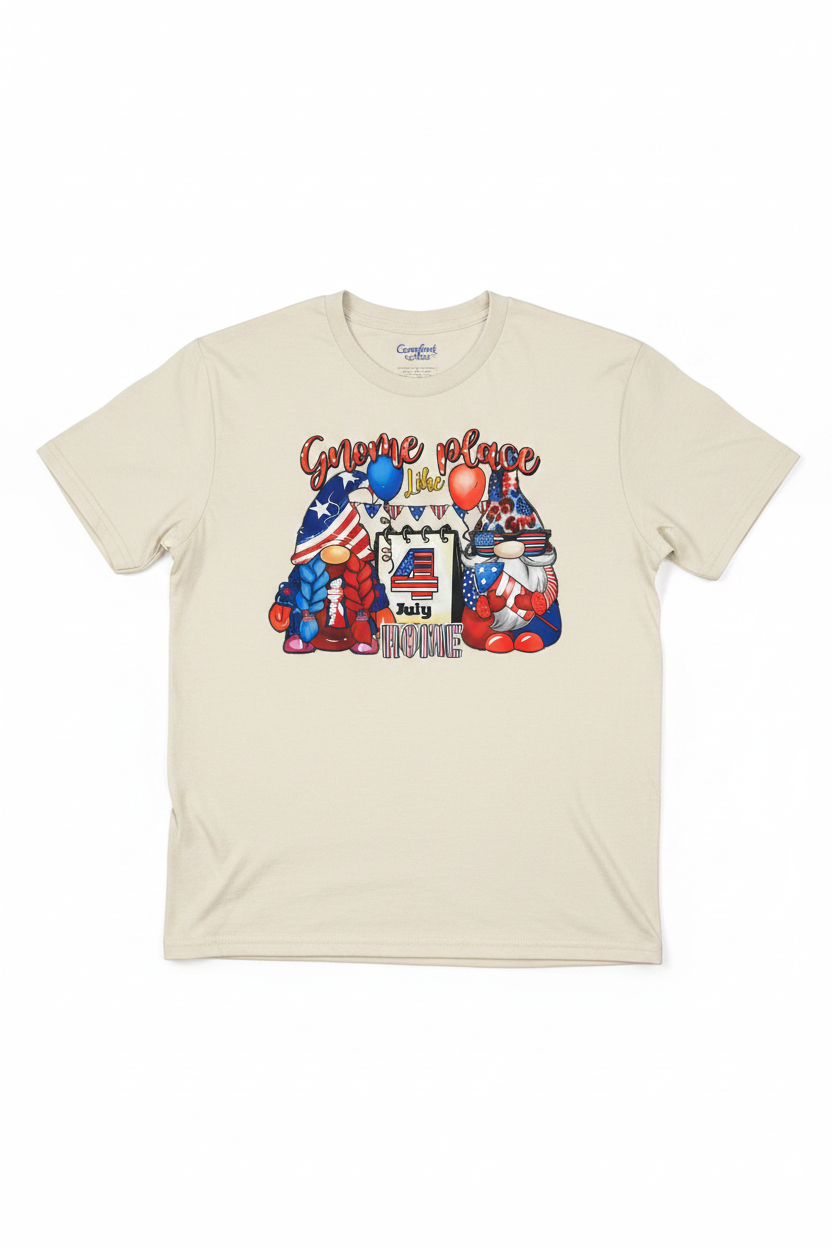 Gnome Place Like Home 4th of July T-Shirt flat lay on natural ivory tee
