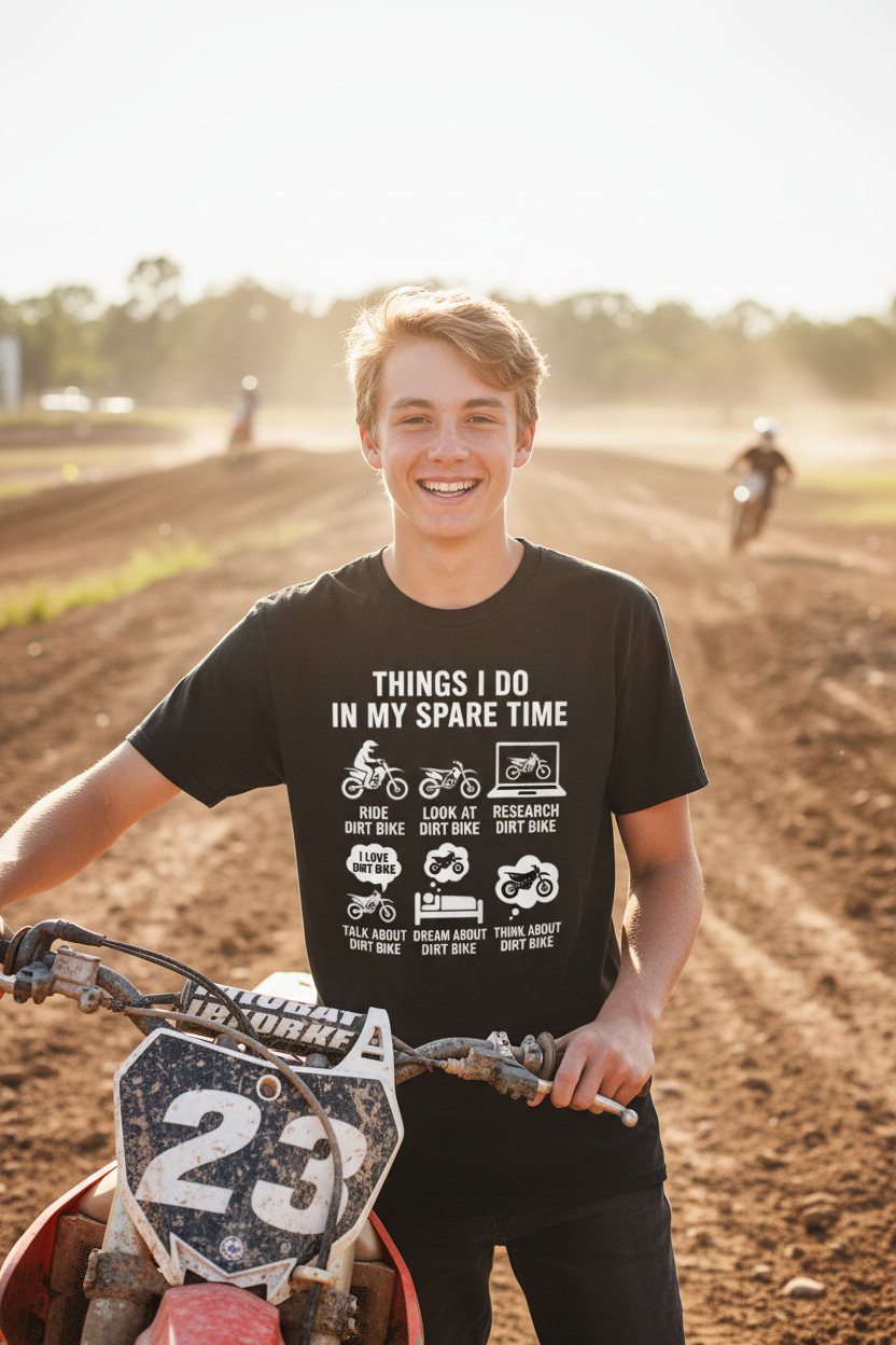 Young rider wearing Things I Do In My Spare Time black tee at motocross track
