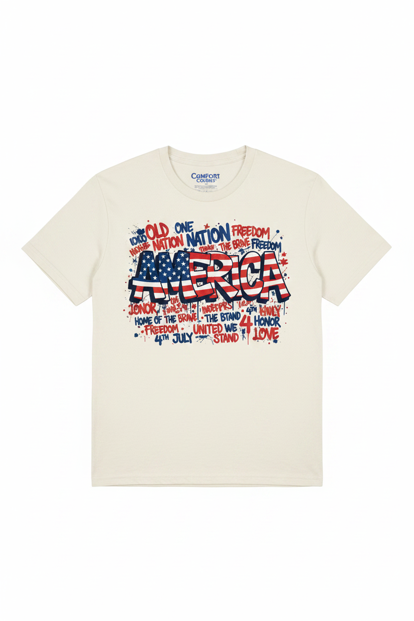 America graffiti T-Shirt flat lay on white background showing full patriotic graphic