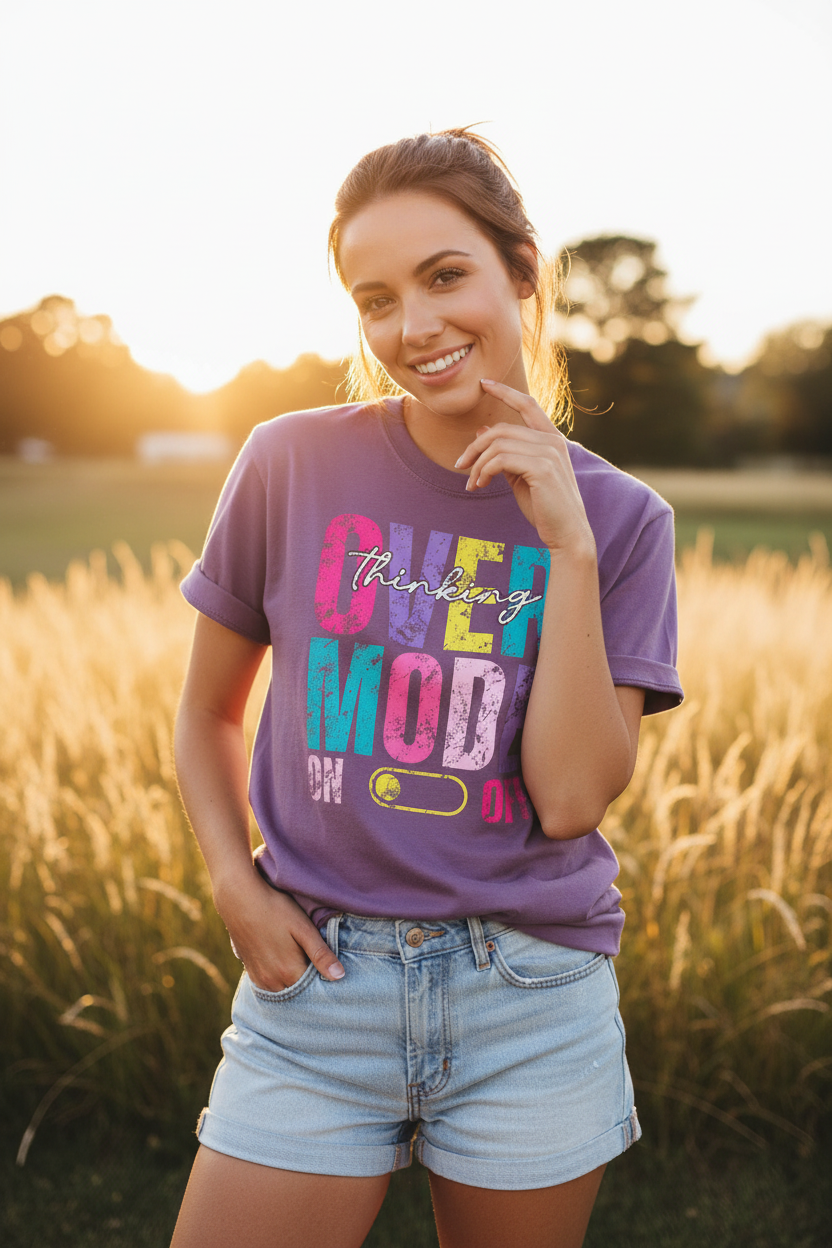 Woman wearing Overthinking Mode On T-Shirt in dusty purple in a fun casual outdoor lifestyle photo