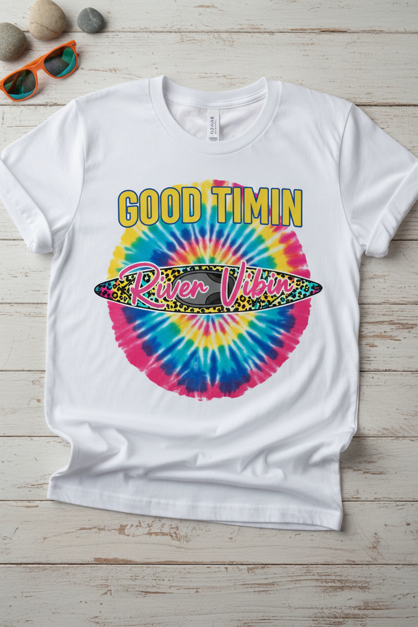Good Timin' River Vibin' graphic on white t-shirt flat lay
