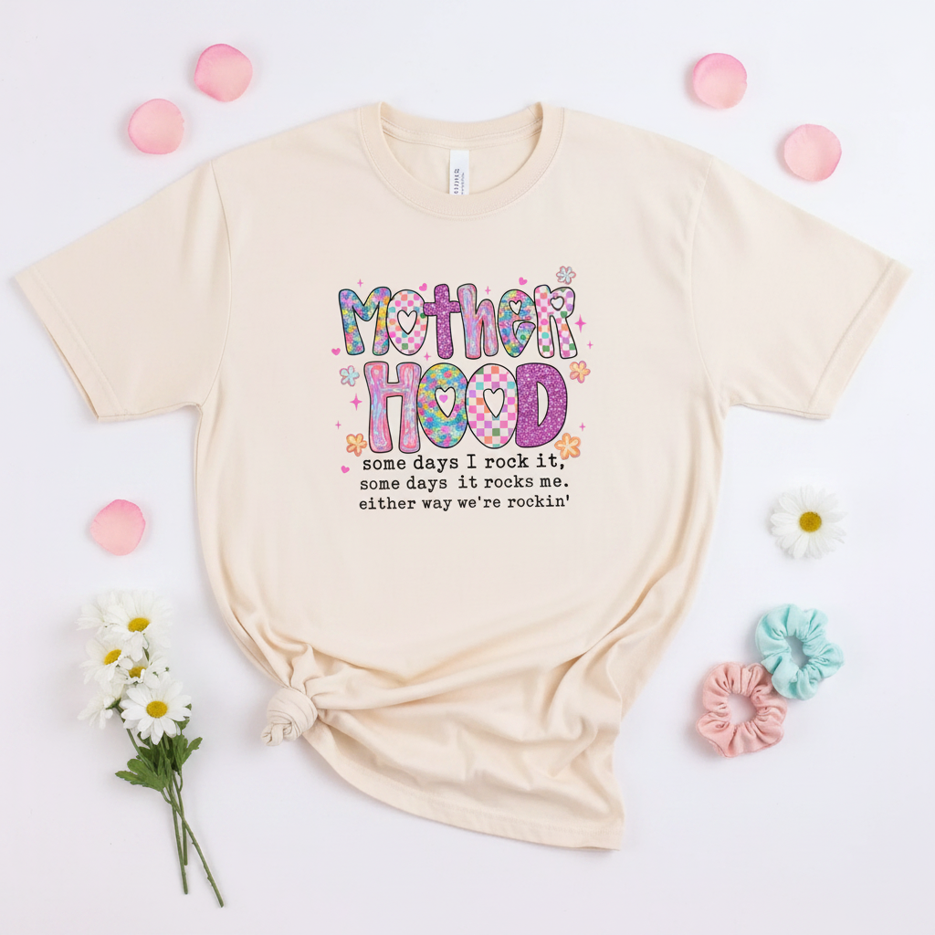 Flat lay of ivory Comfort Colors Motherhood some days I rock it tee on white background with floral props