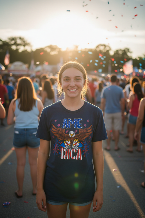 Person wearing America Eagle Fireworks T-Shirt in navy at a 4th of July celebration
