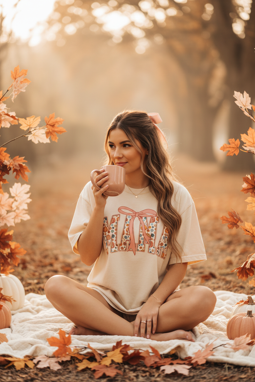 Woman wearing ivory Comfort Colors mama coquette fall bow patterned letters tee outdoors in soft autumn setting with warm golden light
