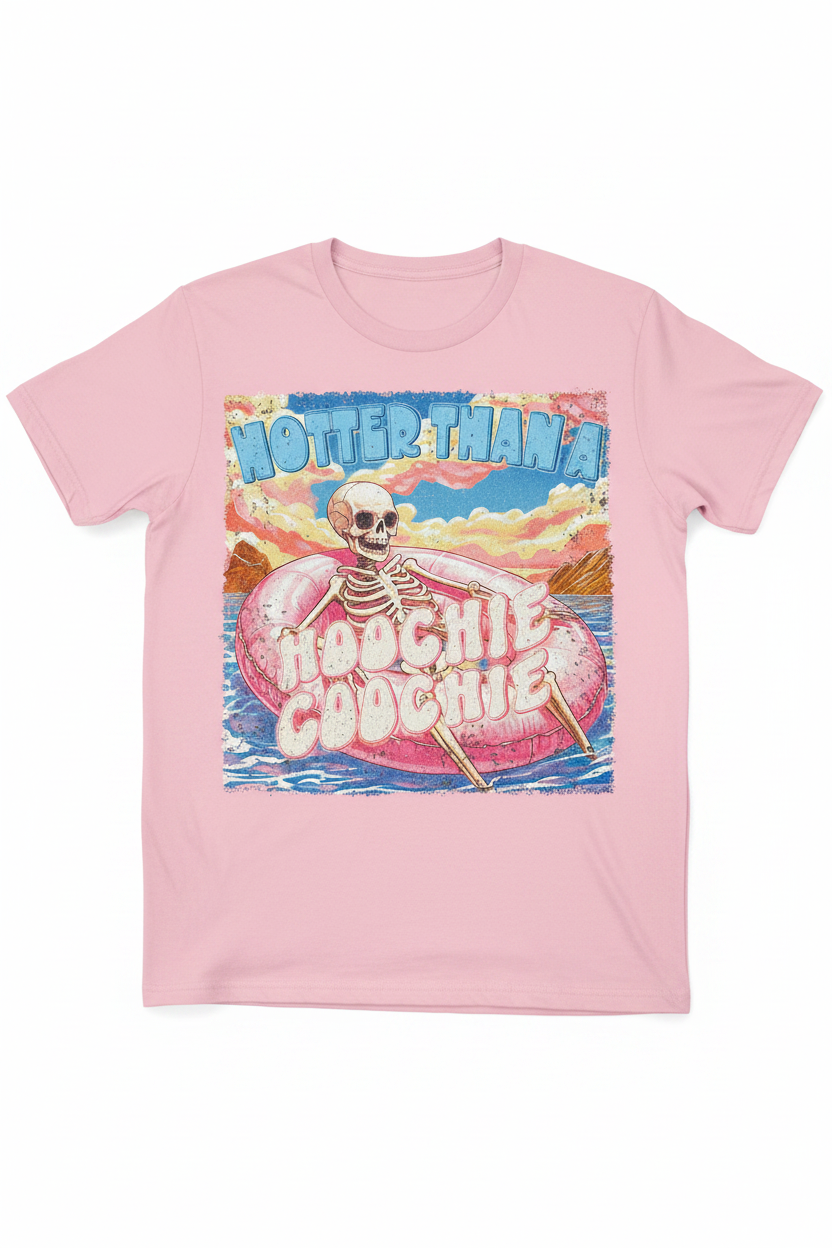 Hotter Than A Hoochie Coochie graphic on pink t-shirt