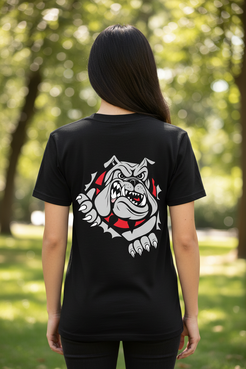Back view of fierce bulldog mascot bursting through centered on black tee