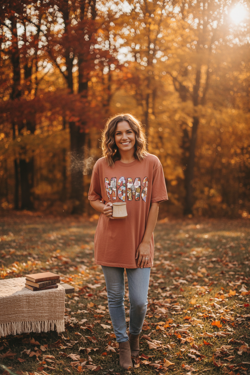 Woman wearing terracotta Comfort Colors mama boho fall patterned letters tee outdoors in autumn setting with warm golden light