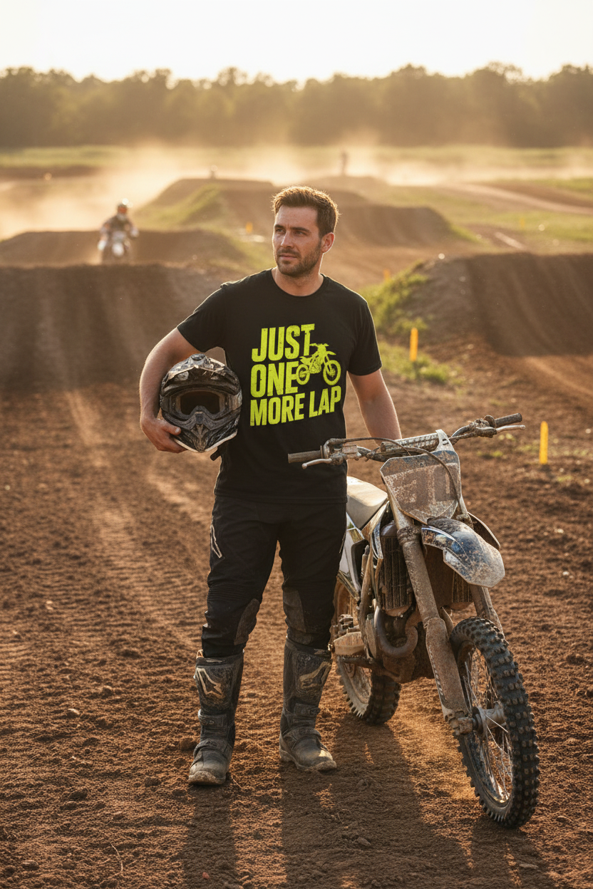 Person wearing Just One More Lap black tee at outdoor motocross track