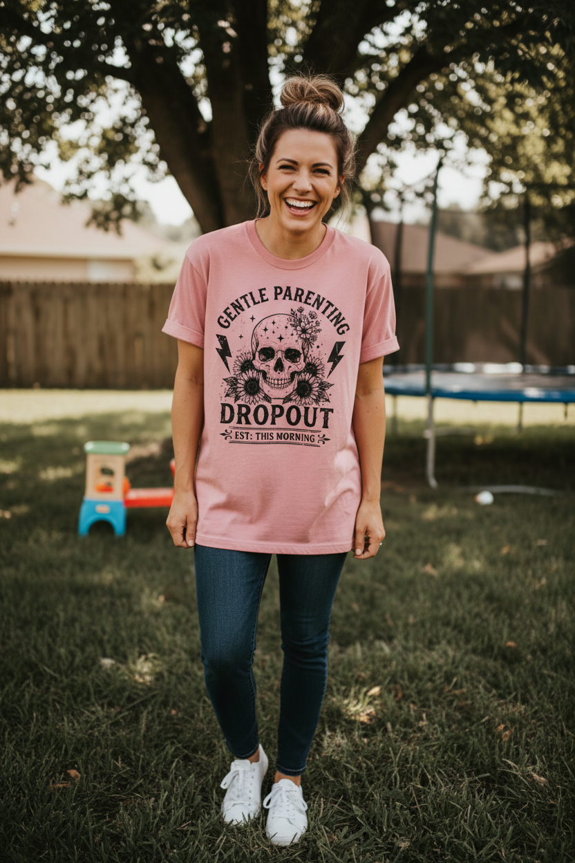 Woman wearing Gentle Parenting Dropout T-Shirt in dusty rose in a fun casual lifestyle photo