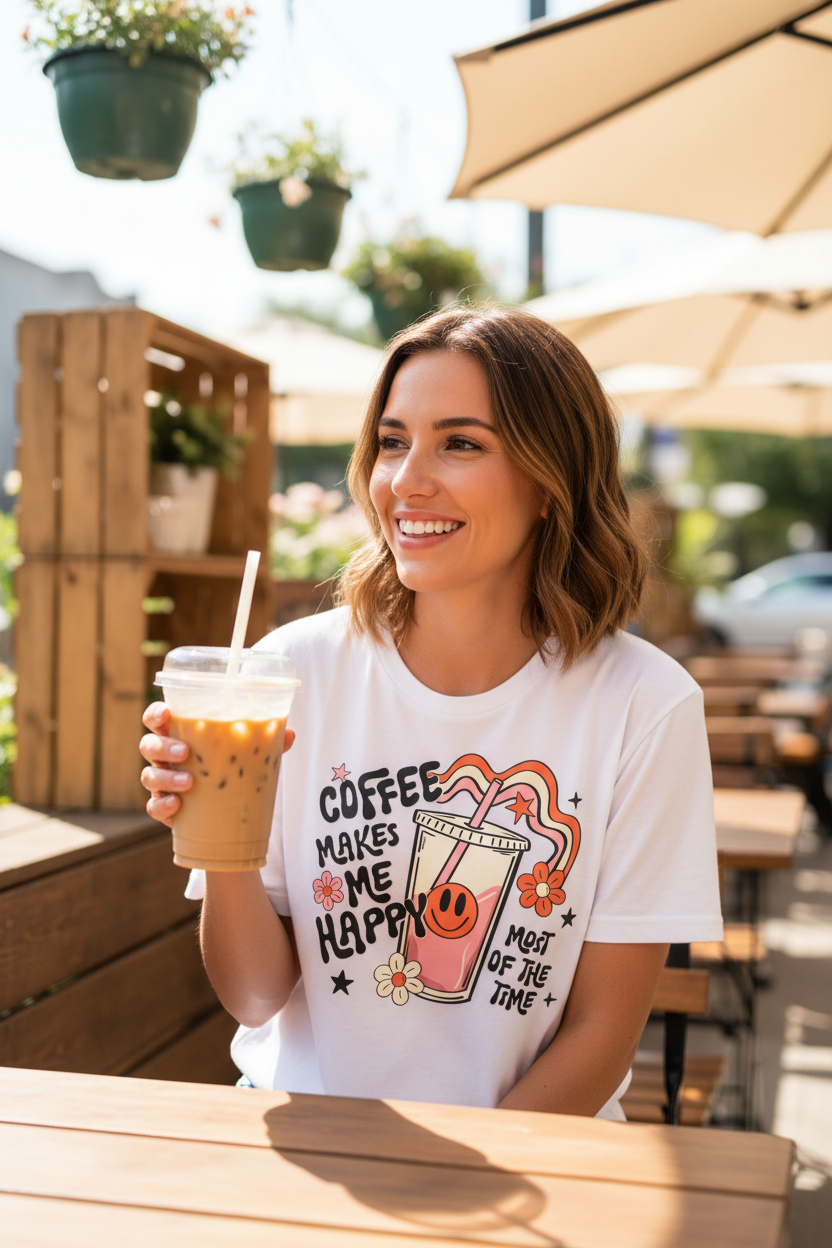 Woman holding iced coffee wearing Coffee Makes Me Happy retro graphic tee