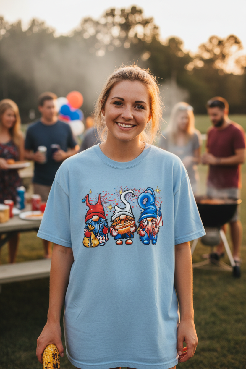 Woman wearing Patriotic Three Gnomes T-Shirt in light blue at a sunny 4th of July cookout celebration