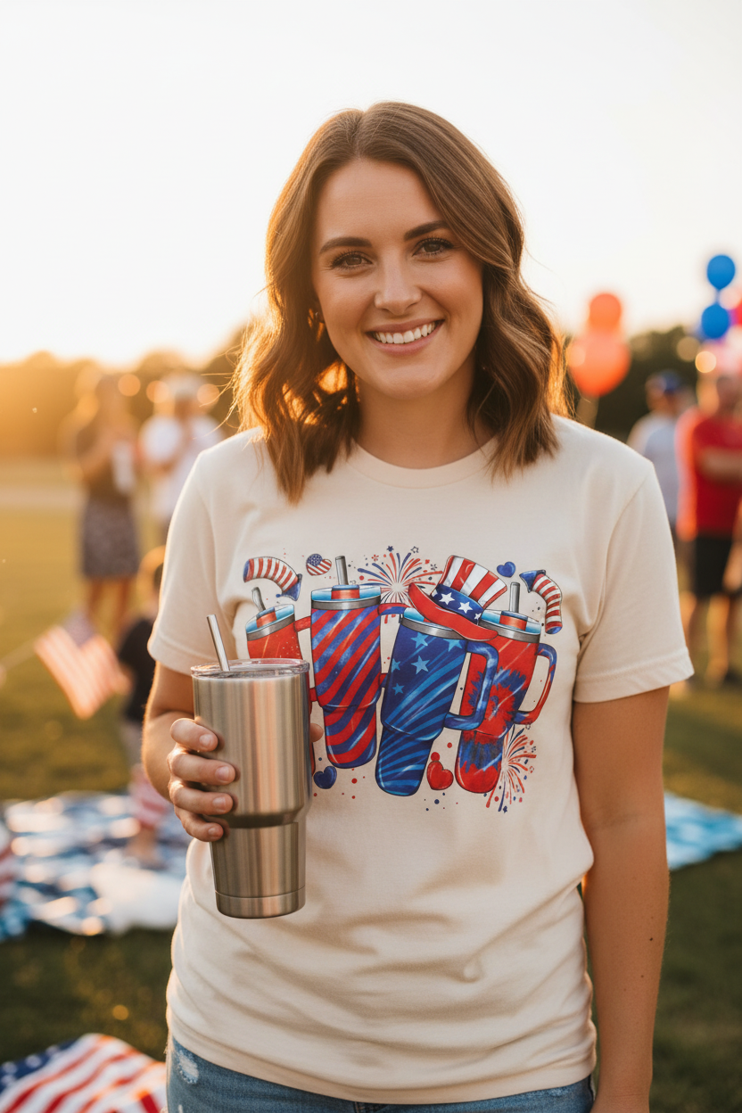 Woman wearing Patriotic Stanley Tumblers T-Shirt on natural ivory tee at a sunny 4th of July celebration