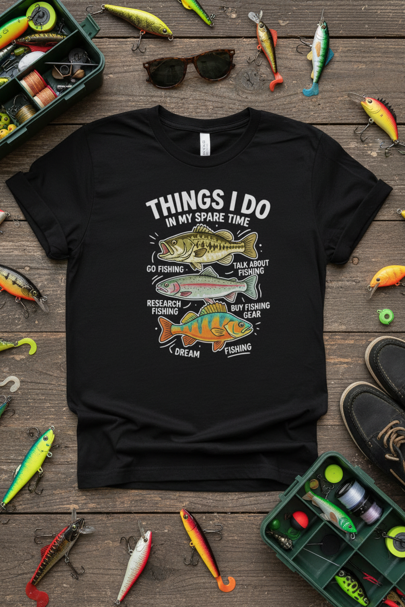 Things I Do In My Spare Time T-Shirt styled with fishing lures and tackle box on rustic wood