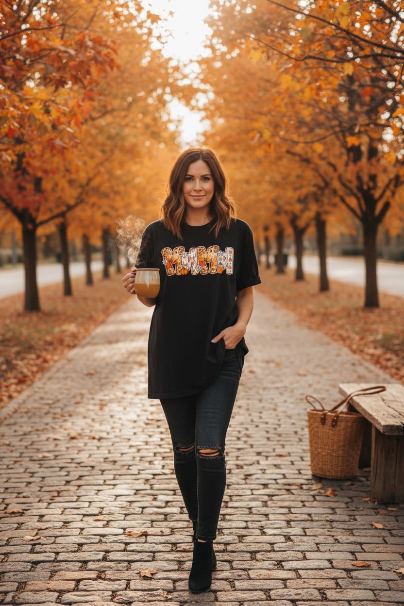 Woman wearing black Comfort Colors mama fall gnome pumpkin patterned letters tee outdoors in autumn setting with warm golden light