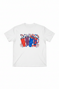 Patriotic Stanley Tumblers T-Shirt flat lay on white tee showing four patriotic tumblers graphic