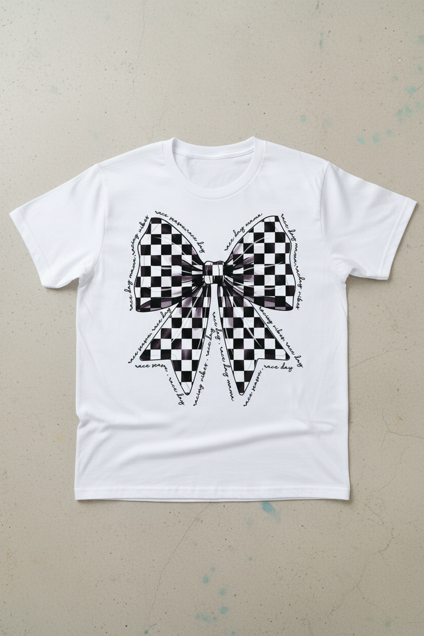 Race Day Mama checkered bow graphic on white t-shirt flat lay