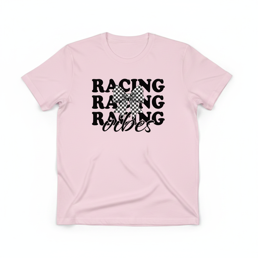 Racing Vibes Checkered Bow Tee flat lay product mockup