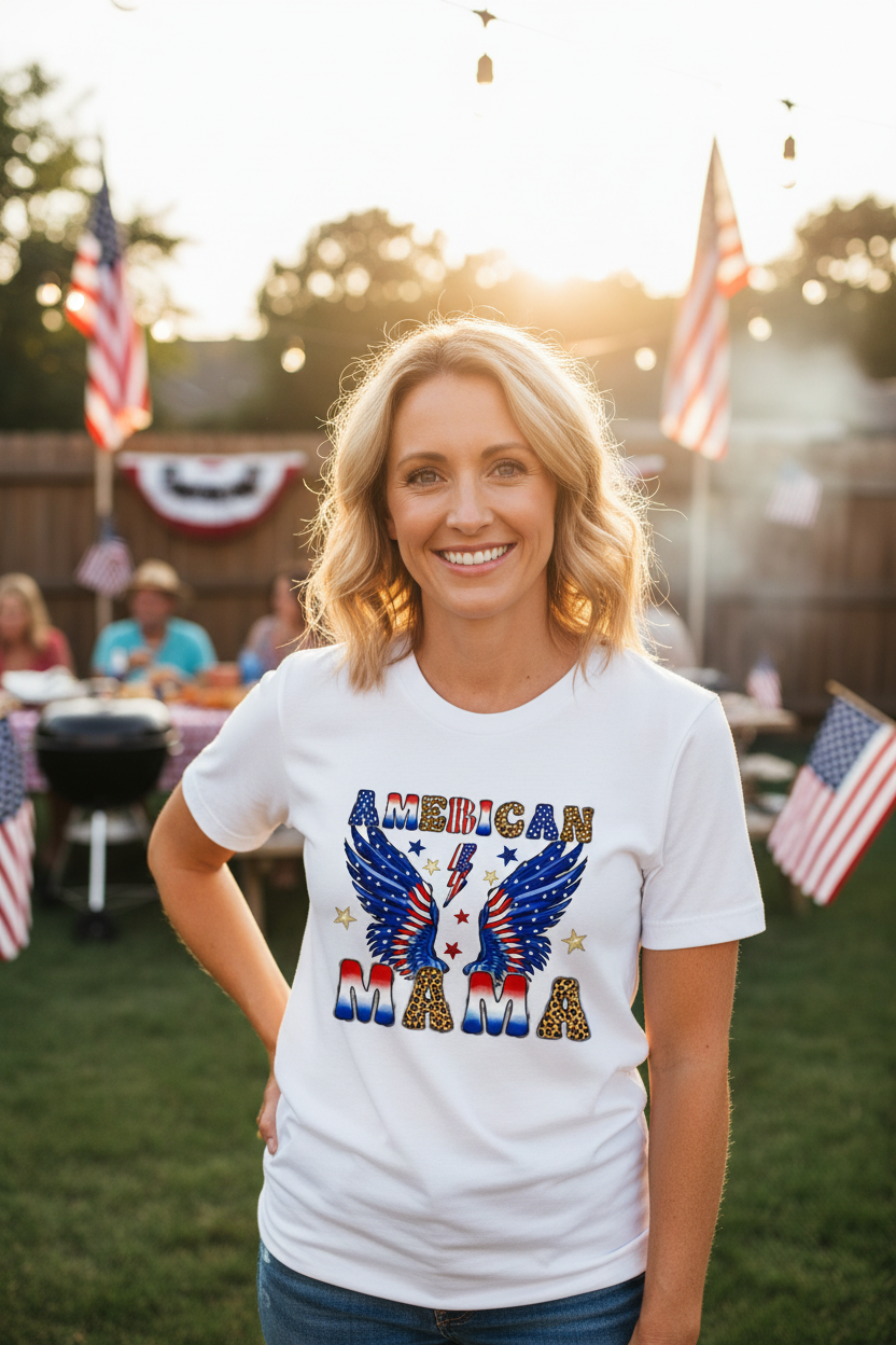 Woman wearing American Mama T-Shirt at a 4th of July backyard BBQ