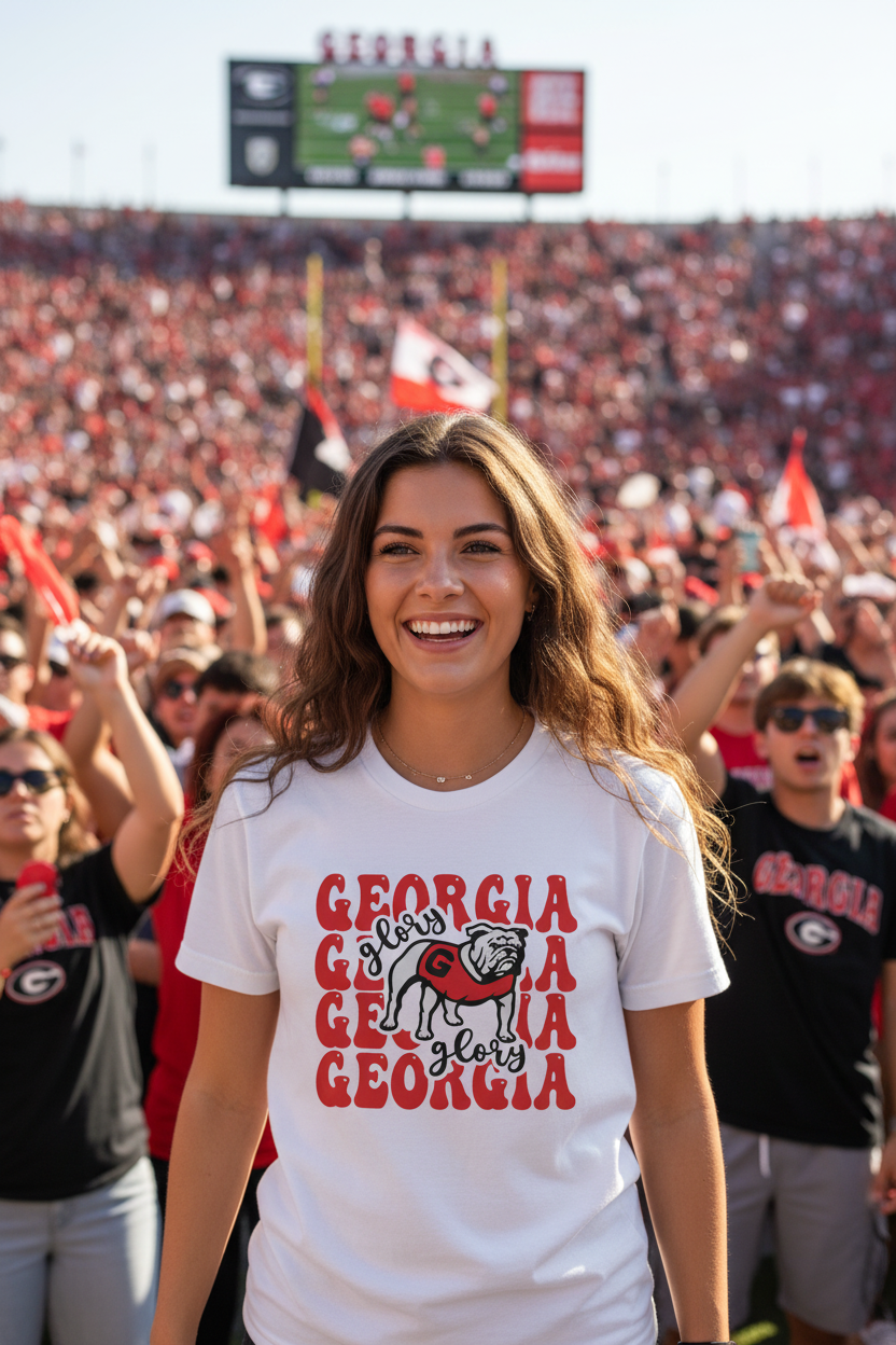 Woman at college football game wearing Glory Glory Georgia Bulldogs tee
