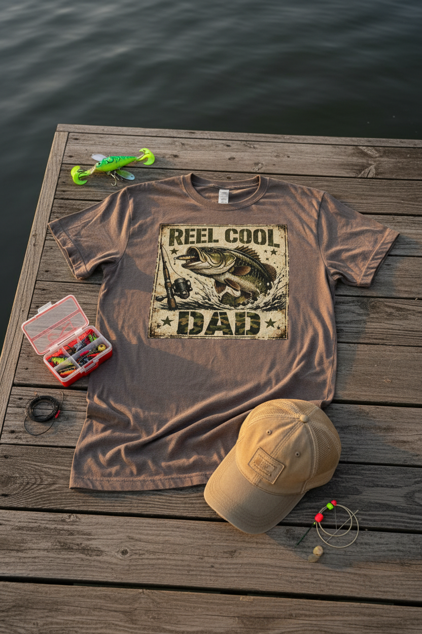 Reel Cool Dad Vintage T-Shirt styled with fishing props on rustic wood dock
